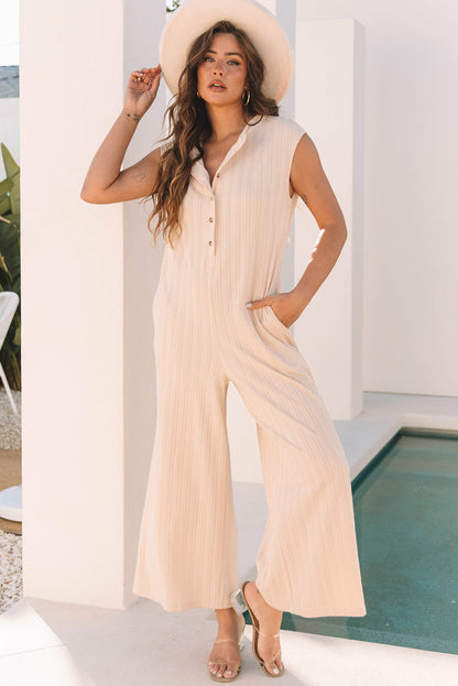 Threaded Pear Textured Buttoned Wide Leg Sleeveless Jumpsuit