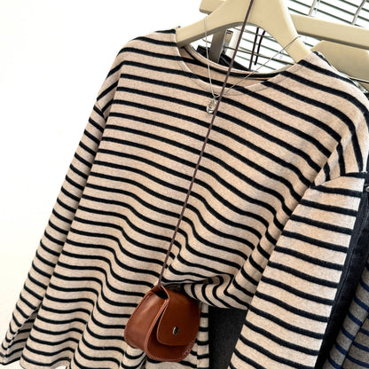 Style Brushed Long Sleeve T-Shirt for Women Plus Size Loose FitInner Wear or Outer Wear Striped