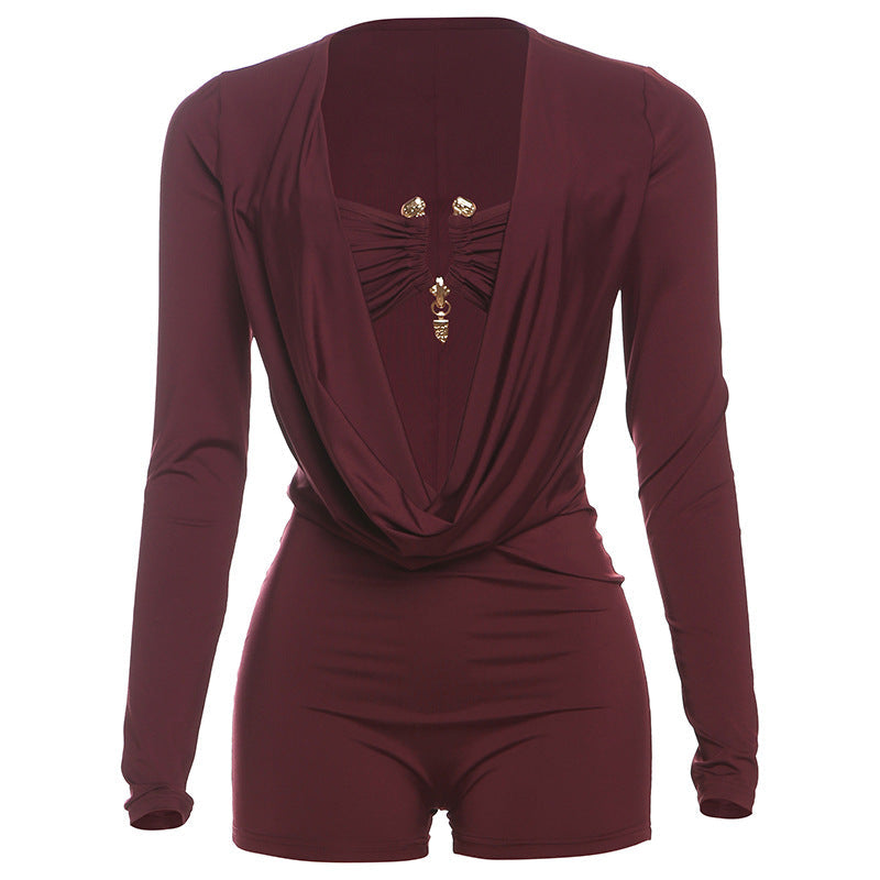 Spring Summer New Individual Street Deep V Low Cut Solid Color Slim Fit Bodycon Jumpsuit