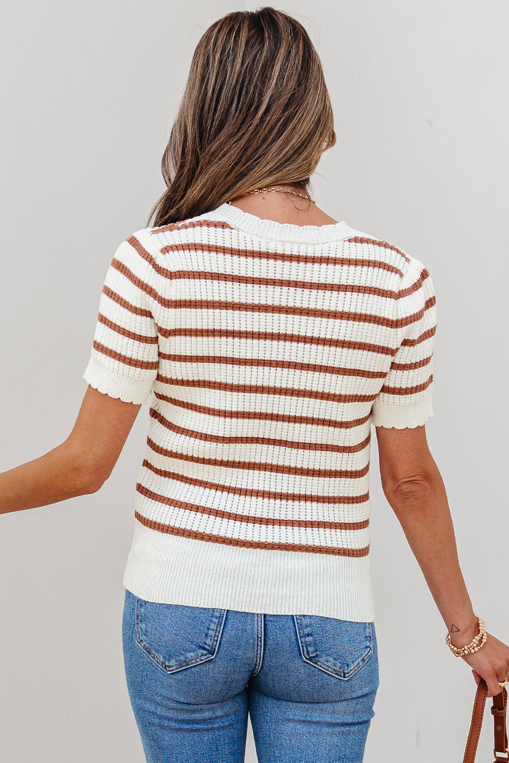 Threaded Pear Eloise Stripe Scalloped Round Neck Short Sleeve Sweater