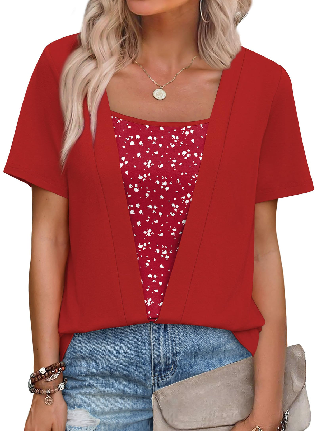 Womens Trendy 2 in 1 Blouses Short Sleeve Shirts Casual Beach Vacation Clothes