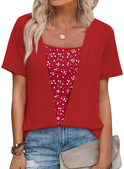 Womens Trendy 2 in 1 Blouses Short Sleeve Shirts Casual Beach Vacation Clothes