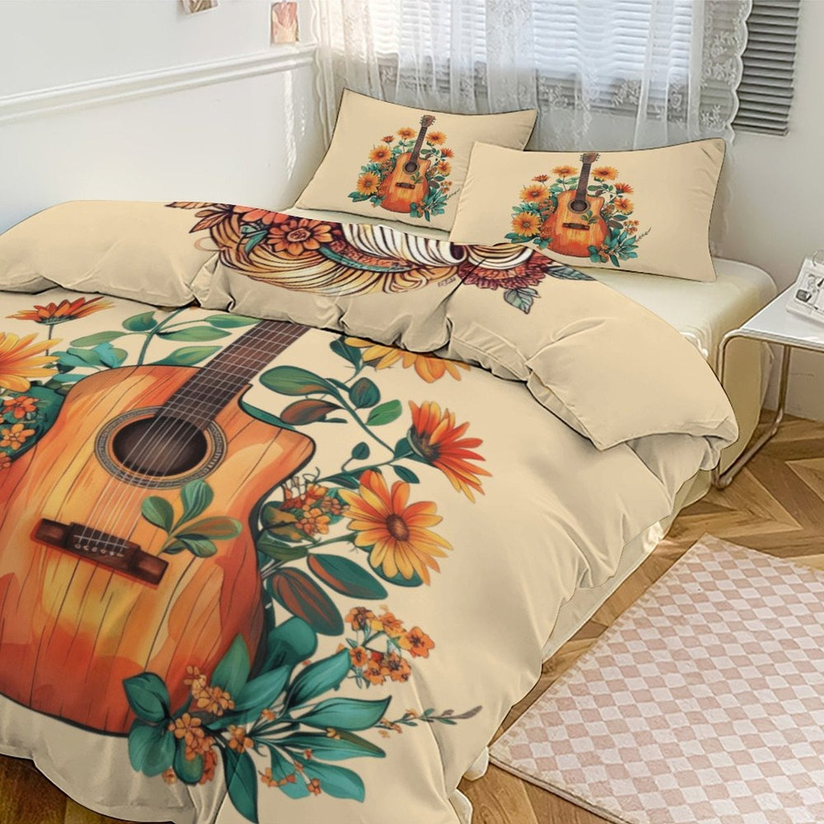 Boho Dolly Guitar Design 3-Piece Bedding Set (1 Duvet Cover + 2 Pillow Shams) – 102"×90"