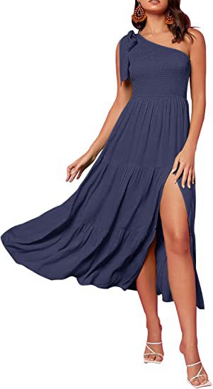 Women’s One-Shoulder Pleated Layered Hem Split Dress | High-Sense Formal Evening Gown | Trendy Minimalist Asymmetrical Party Dress | Luxury-Label Statuesque Radiant Occasion Wear | 2026 High-Fashion Emerald-Luxe Essential