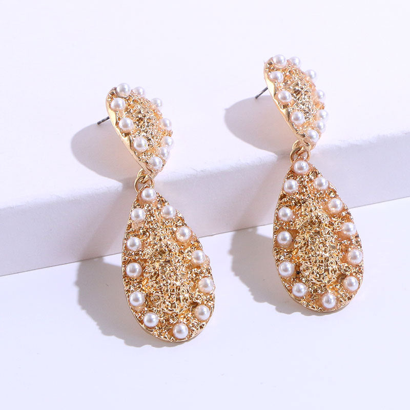 Exaggerated Geometric Pearl Drop Earrings | European & American Style Alloy Inlaid Earrings | Bold Statement Pearl Dangles | Modern Architectural Fashion Jewelry