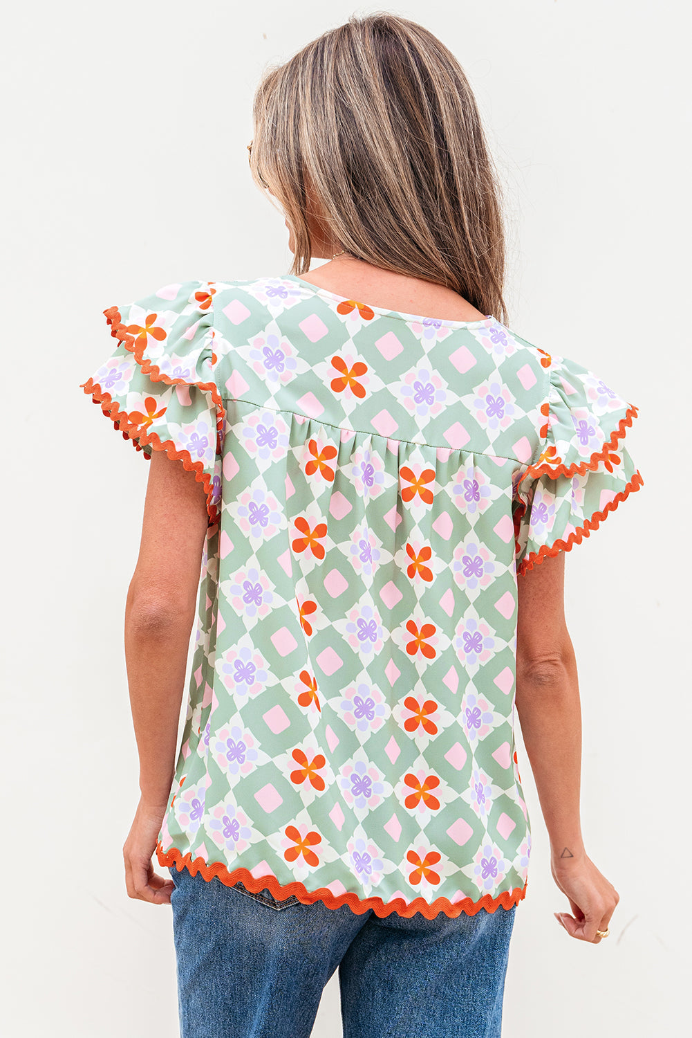 Threaded Pear Belen Floral Layered Flutter Sleeve Rac Trim Blouse