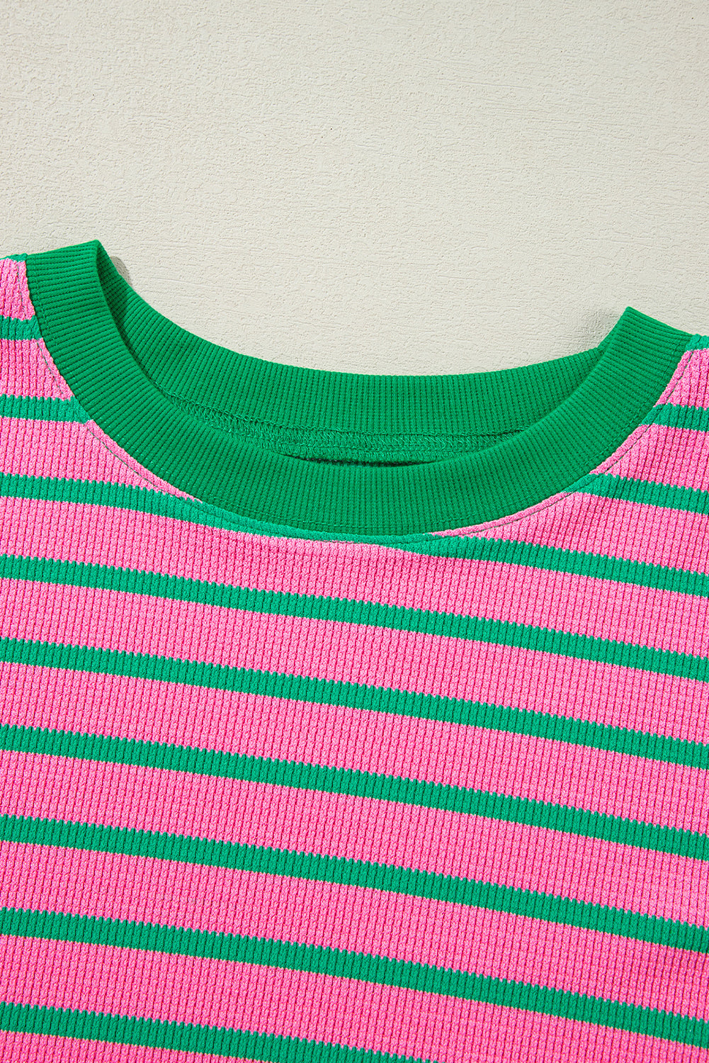 Threaded Pear Pink Stripe Waffle Knit Crew Neck Plus Size Sweatshirt