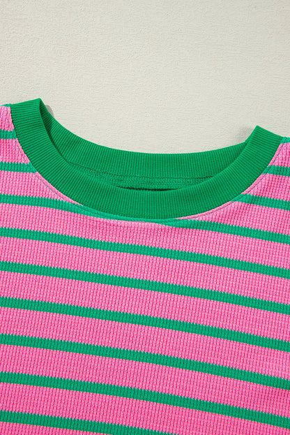 Threaded Pear Pink Stripe Waffle Knit Crew Neck Plus Size Sweatshirt