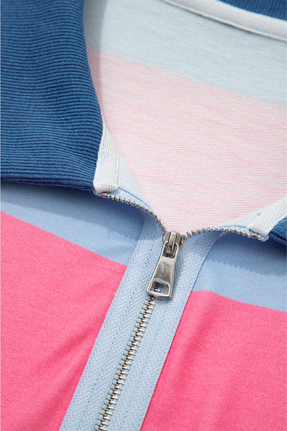 Threaded Pear Blue Stripe Colorblock Patchwork Zip up Plus Size Pullover
