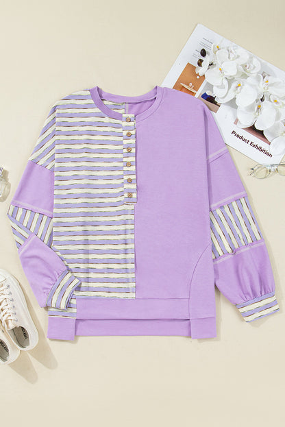 Threaded Pear Purple Stripe Patchwork Buttoned Drop Shoulder Plus Size Pullover