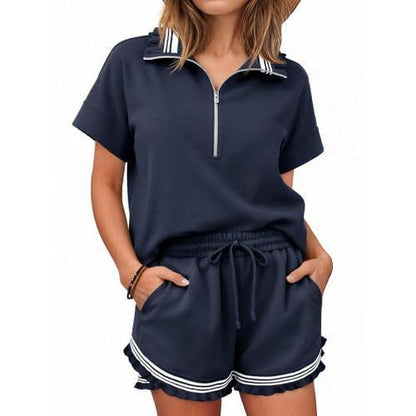 Women's Half-Zip Ruffle Trim Loungewear Set