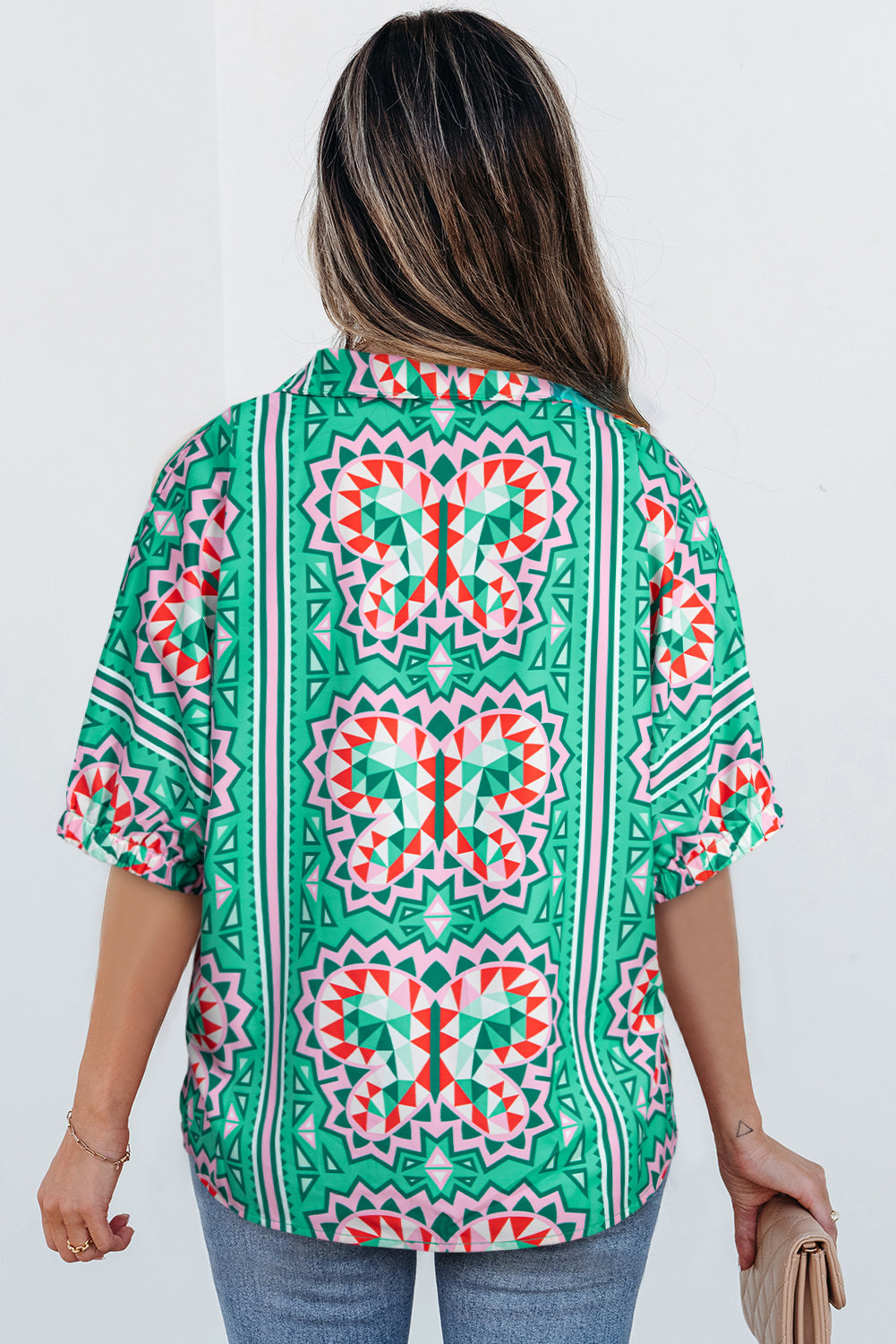 Threaded Pear Kamiyah Boho Abstract Striped Collared V Neck Blouse