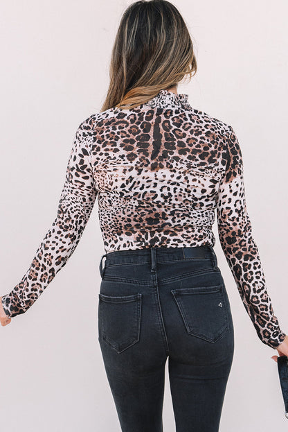 Threaded Pear Leopard Smocked Neck Mesh Long Sleeve Bodysuit