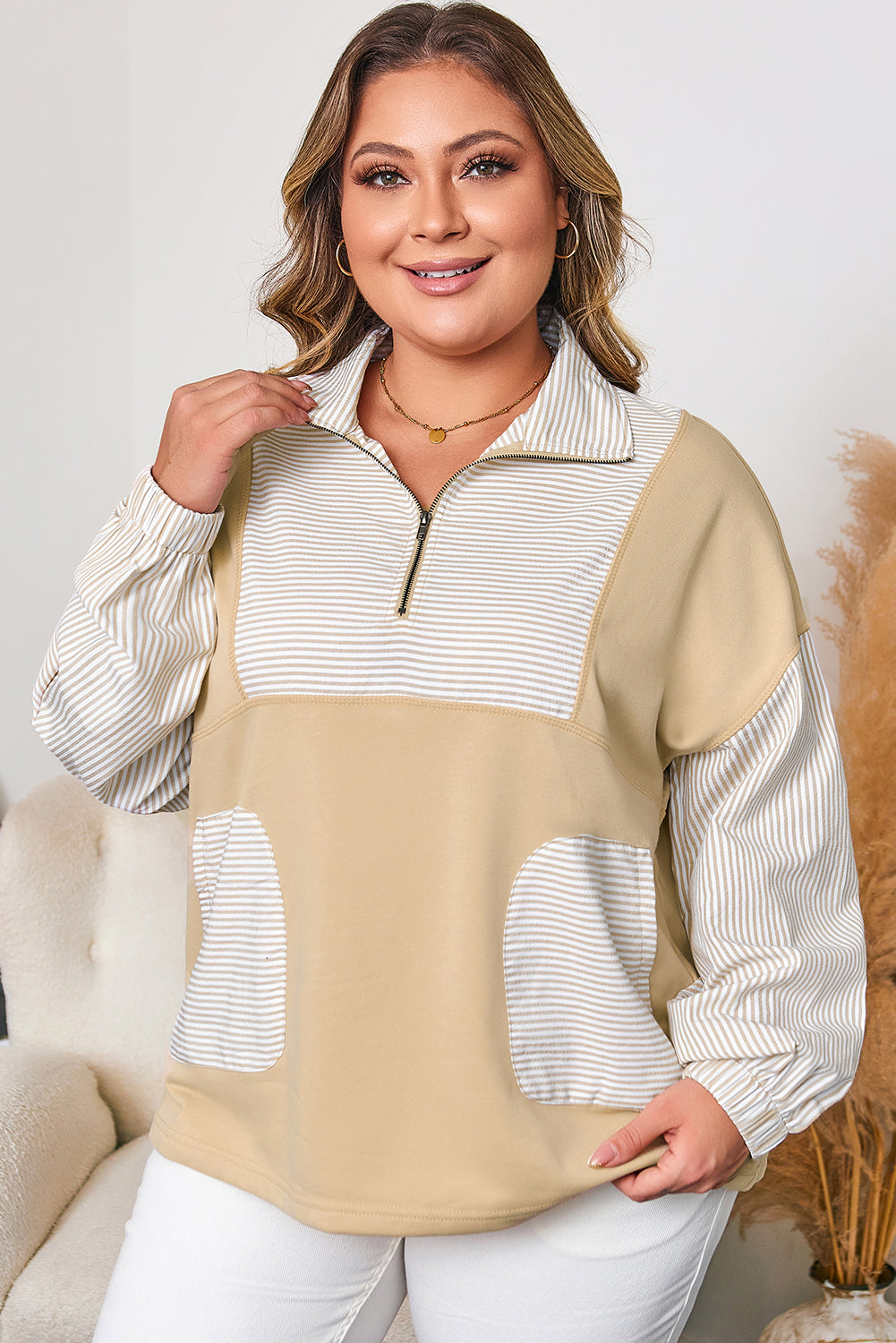 Threaded Pear Khaki Stripe Mix Half Zip French Terry Plus Size Sweatshirt