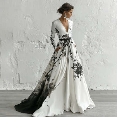 Women’s Retro Bohemian Rose-Embroidered Loose Linen Dress | Artistic Vintage V-Neck Maxi Dress | Ethnic Style Short Sleeve Floor-Length Gown | Breathable Loose-Fit Travel Dress for Women