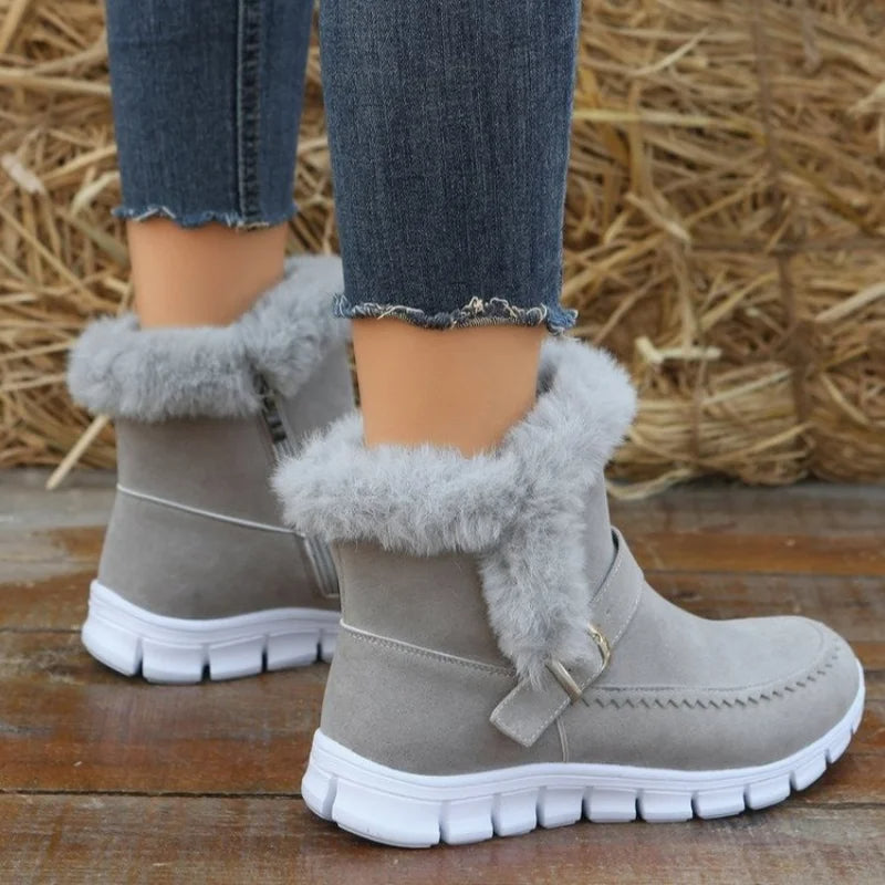Women’s Thickened Winter Snow Boots | High-Sense Plush Ankle Boots with Buckle Design | Trendy Minimalist Plus Velvet Flat Shoes | Luxury-Label Statuesque Warm Winter Footwear | 2026 High-Fashion Radiant Outdoor Boots