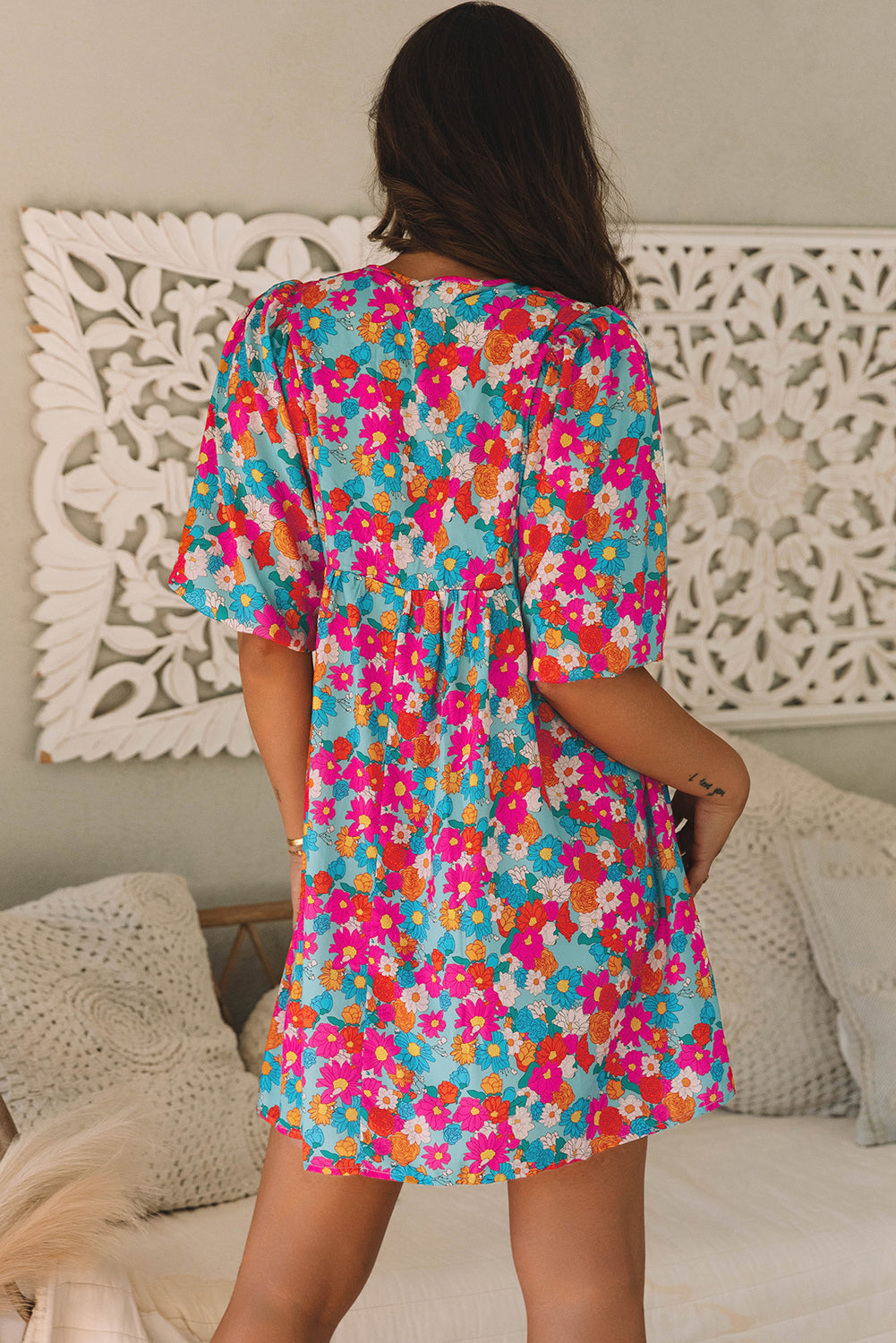 Threaded Pear Lena Floral Bubble Sleeve Babydoll Dress