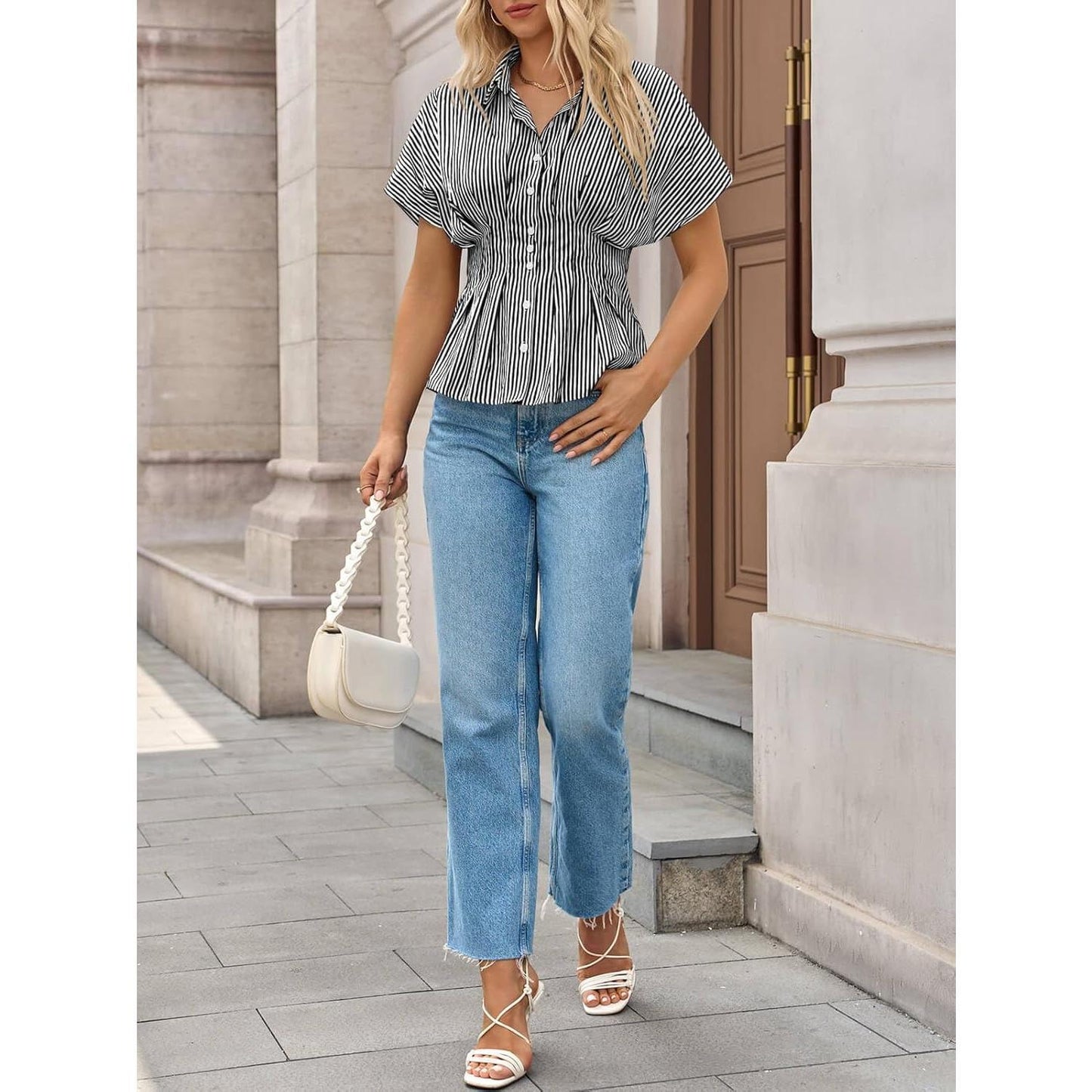 Women's Striped Peplum Button-Down Blouse