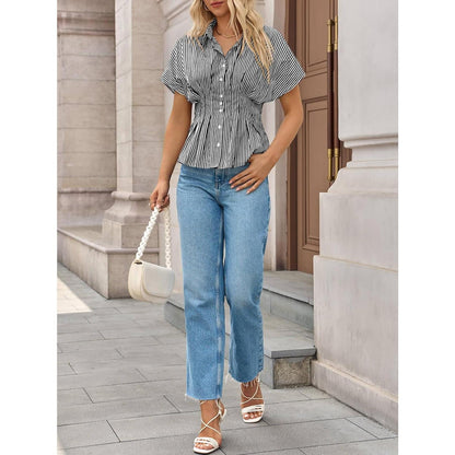 Women's Striped Peplum Button-Down Blouse