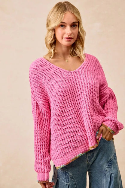 BiBi V-Neck Sweater with Colorful Trim