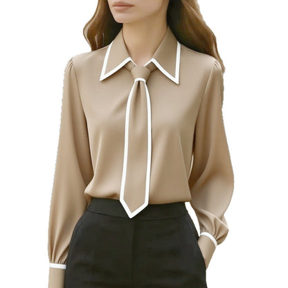 Women’s Autumn Tie-Neck Commute Shirt | Solid Color Long Sleeve Professional Blouse | Modern Office Wear Formal Top | Elegant Tie-Design Fashion Shirt