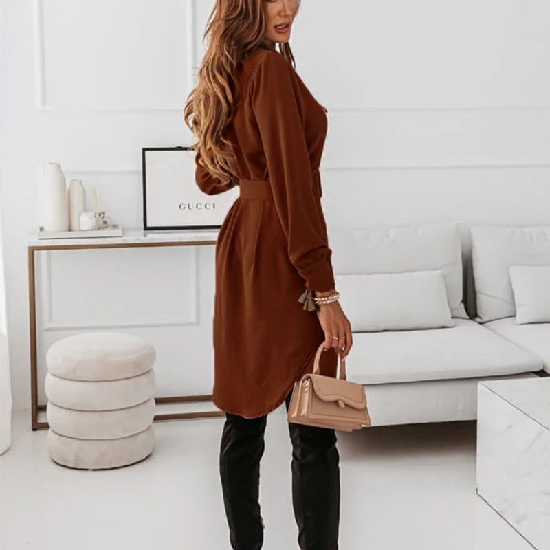 Lapel Long-sleeved Dress With Belt Fashion Elegant Button-do0wn Shirt Dresses For Women