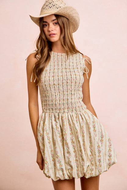 BiBi Floral Bow Tie Attachable Puff Sleeves Dress