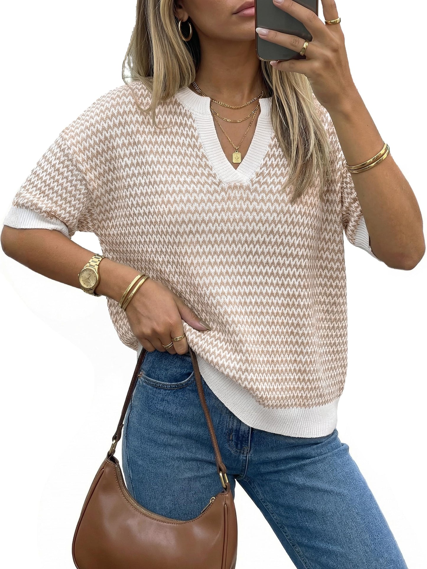 Polo V Neck Striped Short Sleeve Casual Pullover Sweaters Spring SummerVibes