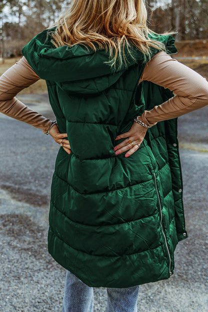 Threaded Pear Black Hooded Long Quilted Vest PLUS Coat