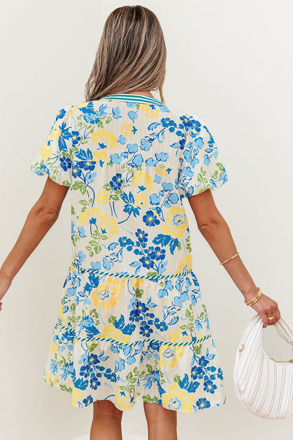 Threaded Pear Payton Floral Striped Trim Puff Short Sleeve Dress
