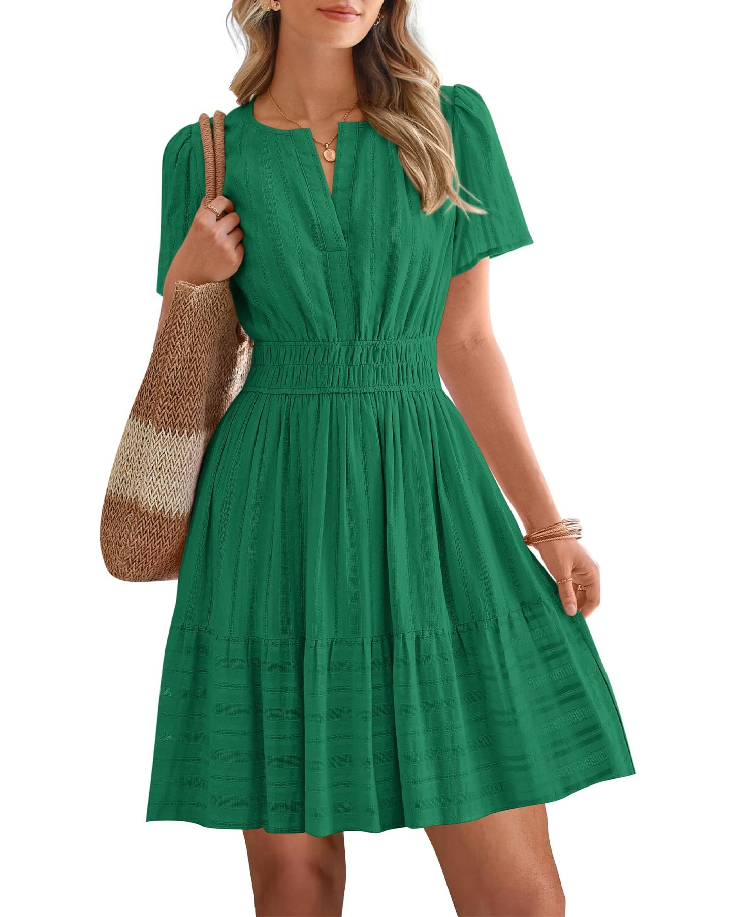 Women's V-Neck Elastic Waist Tiered Mini Dress