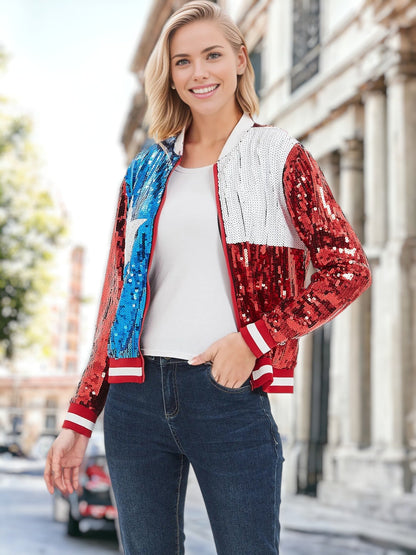 Sequin American Flag Bomber Zip-Up Jacket Flag