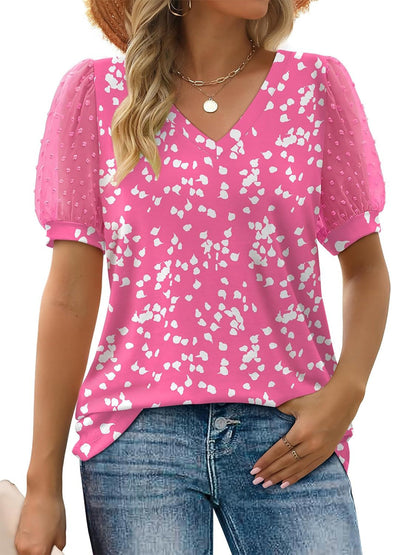 HOT SALE Women's Printed V Neck Swiss Dot Puff Sleeve Loose Casual T-Shirt