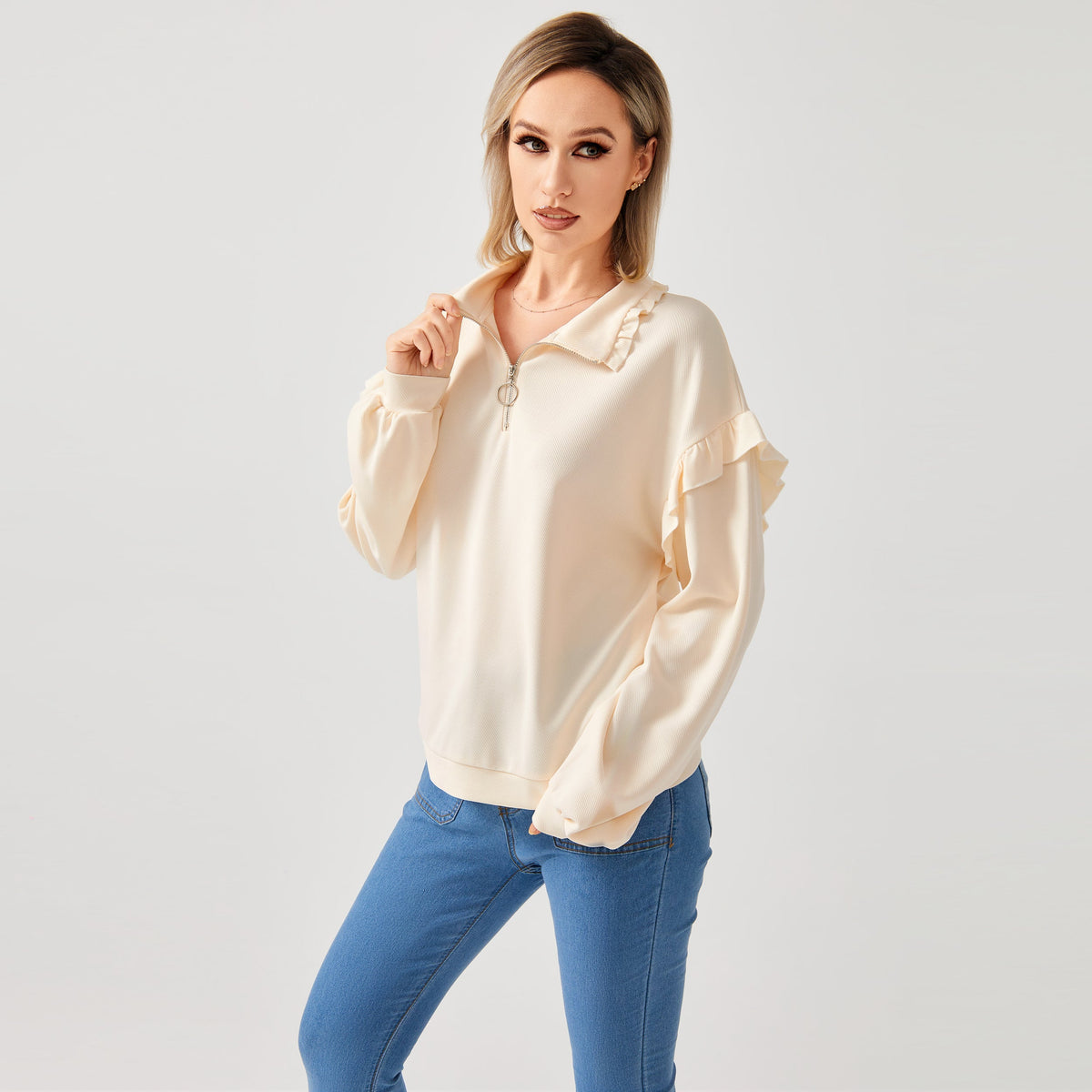 Women’s Casual Ruffle Trim Half-Zip Sweatshirt | Trendy Frill Detail Quarter-Zip Pullover | Elegant Long Sleeve Sporty Sweatshirt | Modern Loose Fit Ruffled Jumper | 2026 Stylish Fall/Winter Streetwear