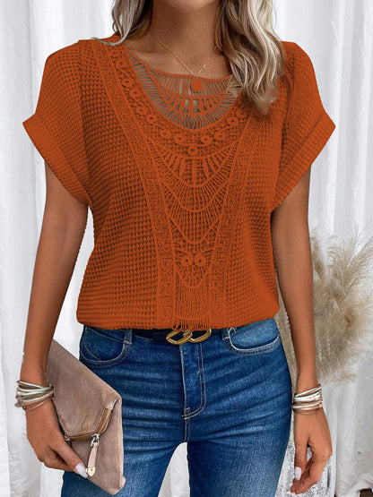 Women’s Summer Hollow-Out T-Shirt | Fashion Ethnic Style Short-Sleeved Top | Elegant Embroidered Lace Knit Blouse | Trendy Minimalist Breathable Summer Clothing | 2026 High-Fashion Artisan Ethnic Top