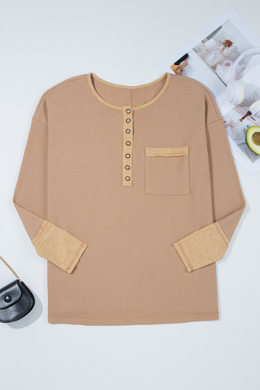 Threaded Pear Blake Waffle Textured Tunic Henley Top with Slits