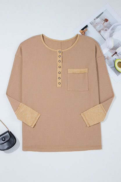 Threaded Pear Blake Waffle Textured Tunic Henley Top with Slits
