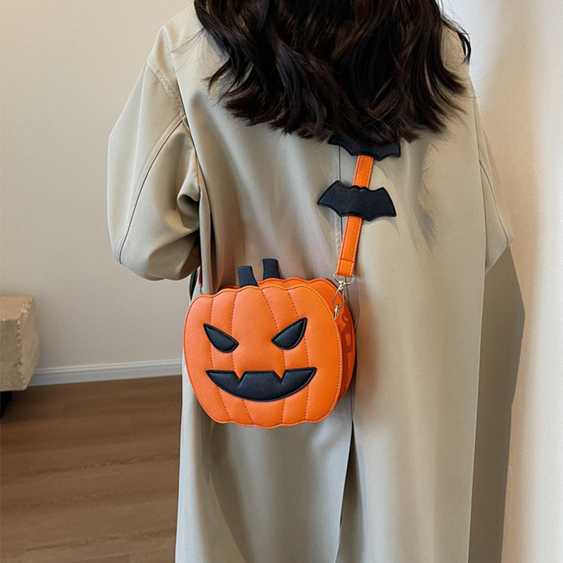 Halloween Funny Pumpkin Crossbody Bag | Creative Cartoon Pumpkin Purse with Bat Wings | Personalized Fall Festival Shoulder Bag | Whimsical Holiday Party Bag for Women & Teens