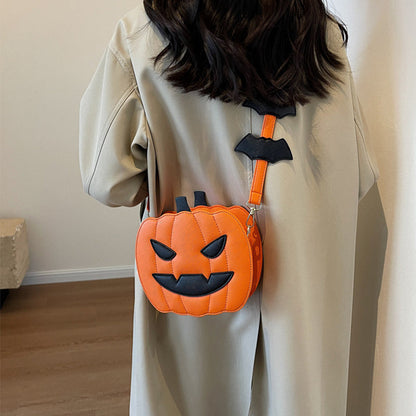 Halloween Funny Pumpkin Crossbody Bag | Creative Cartoon Pumpkin Purse with Bat Wings | Personalized Fall Festival Shoulder Bag | Whimsical Holiday Party Bag for Women & Teens