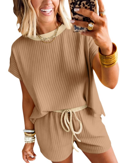 Women's Ribbed Color-Block Trim 2-Piece Loungewear Set