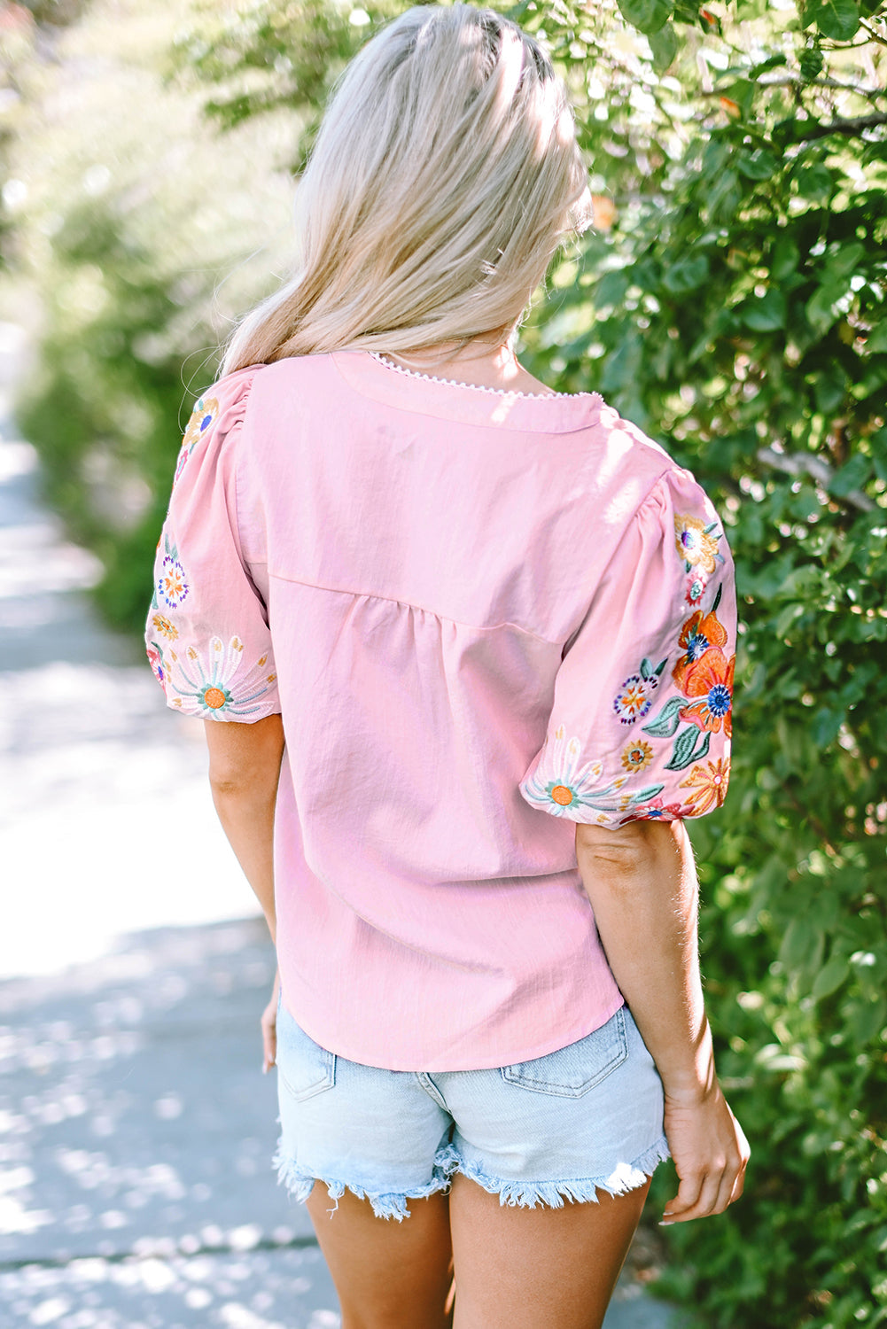 Threaded Pear Araceli Floral Embroidered Puff Sleeve Split Neck Blouse