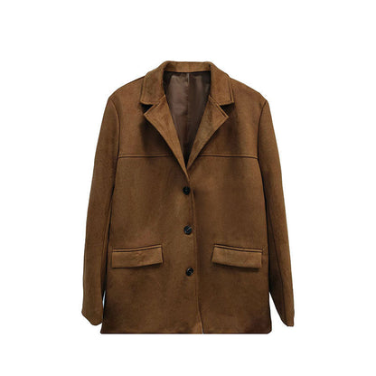 Suede-Look Blazer Jacket — V-Notch Lapel, Button-Front Casual Coat