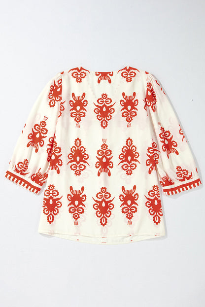 Threaded Pear Vintage Geometric Printed V Neck Blouse