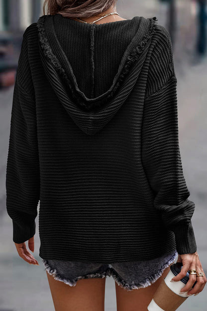 Threaded Pear Collins V Neck Ribbed Drop Shoulder Hooded Sweater