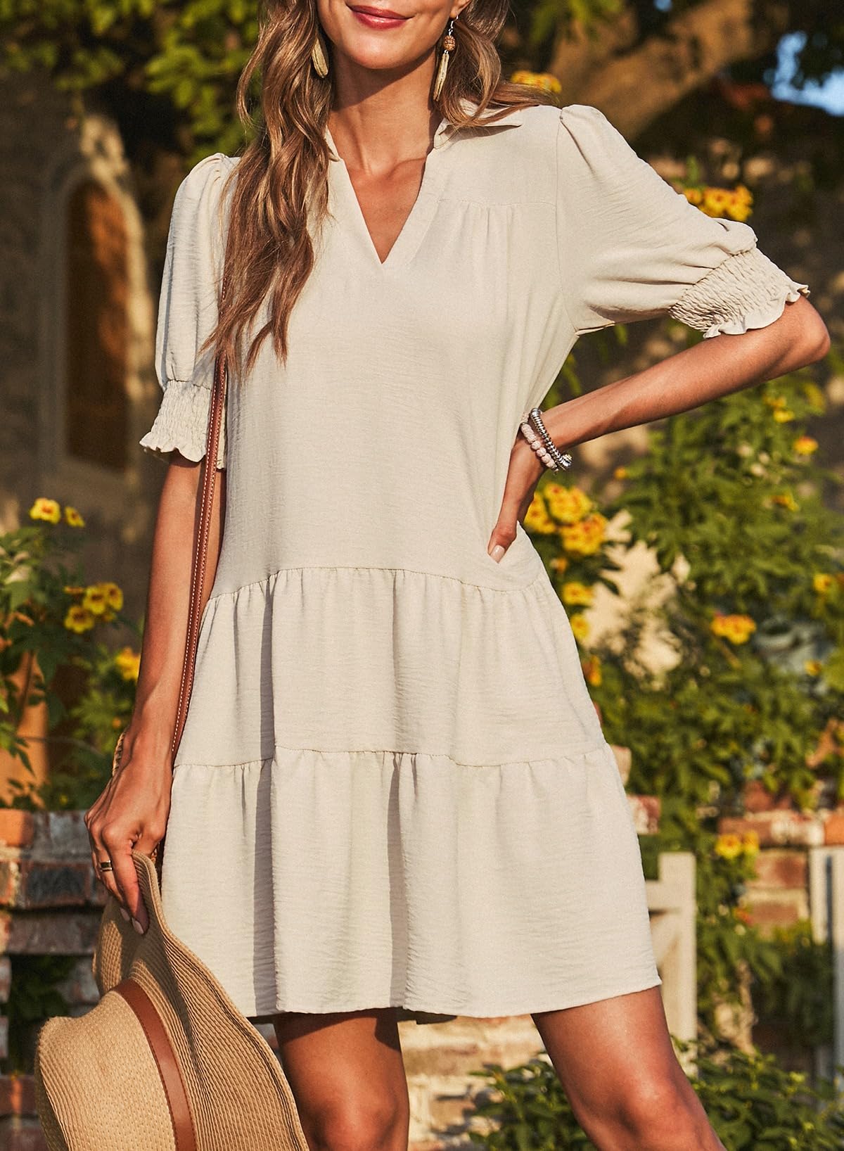📣Smocked Sleeve Tiered V-Neck Mini Dress