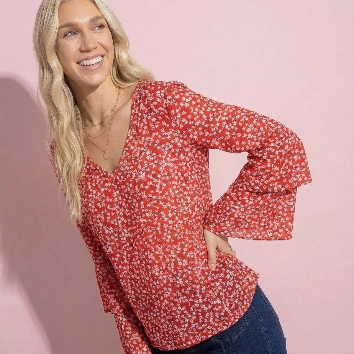 Soft Daisy V-Neck Bell Sleeve Blouse