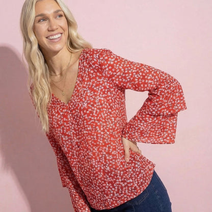 Soft Daisy V-Neck Bell Sleeve Blouse