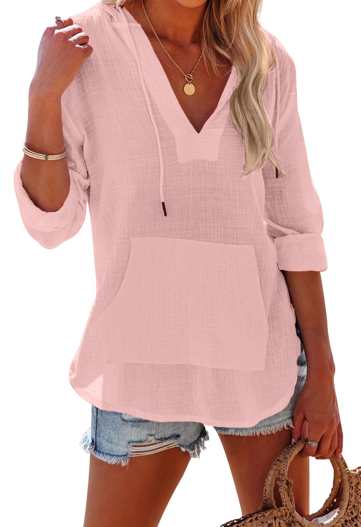 ✨ Women's Long Sleeve V Neck Pocketed Hooded Shirt Top