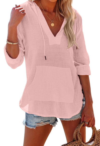 ✨ Women's Long Sleeve V Neck Pocketed Hooded Shirt Top