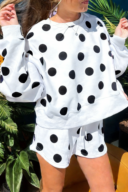 ✨Polka Dot Print Drop Shoulder Pullover Drawstring Shorts Set